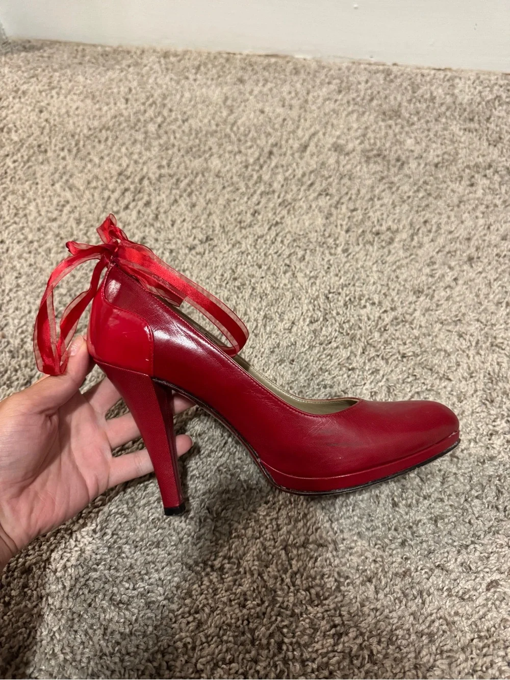 Red Ribbon-Ankle High Heel Pumps for Women